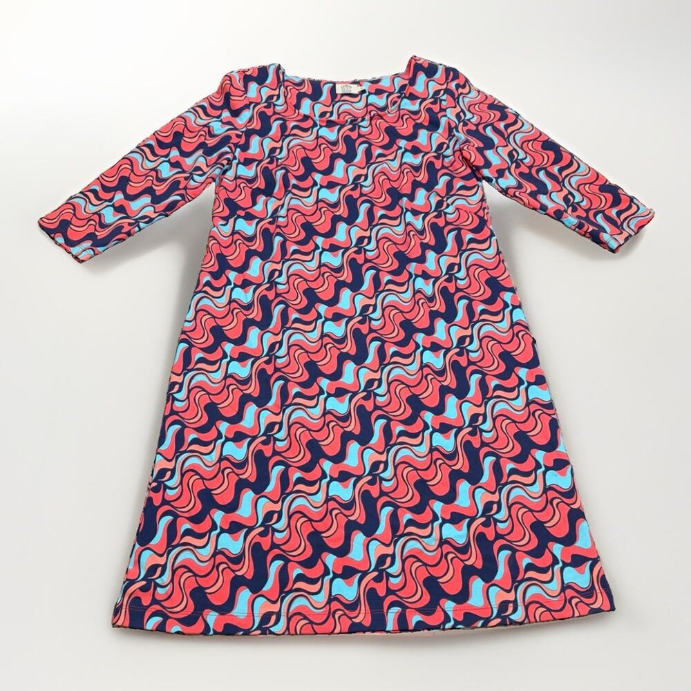 Katherine Way Ladies Sz M 3/4 Sleeve Dress Abstract Wavy Pattern Made In USA
